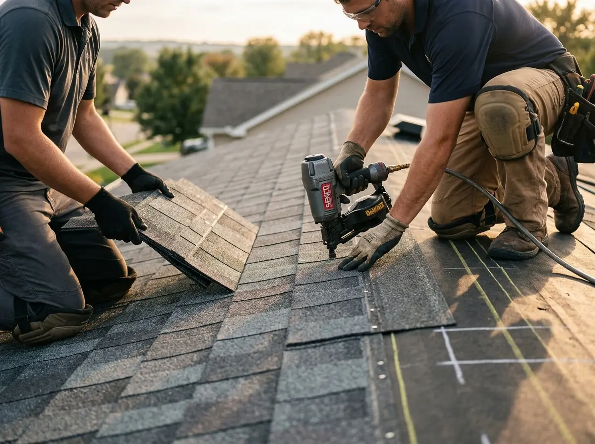 Professional roofer working on a residential roof in Berthoud